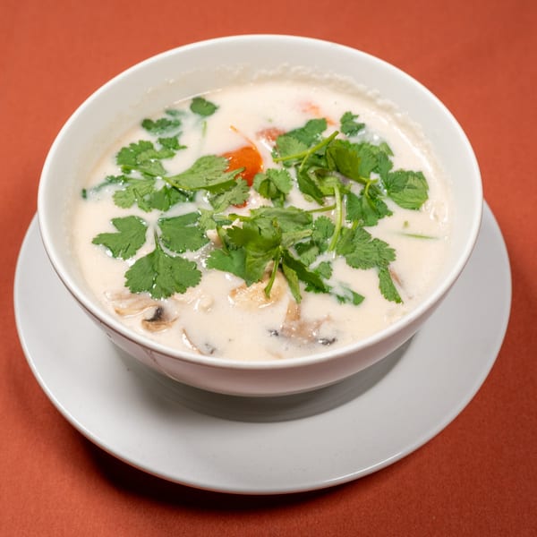 Creamy Thai coconut soup with mushrooms, tomatoes, and fresh cilantro in a white bowl.